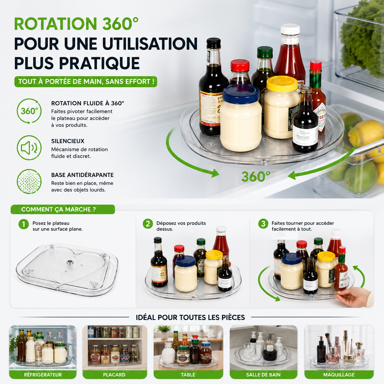 Kitchenova™ | Organisateur Rotatif 360° pour Réfrigérateur