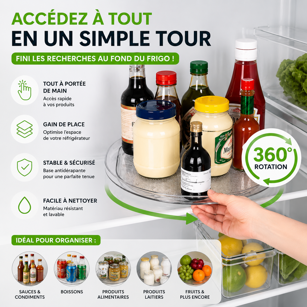 Kitchenova™ | Organisateur Rotatif 360° pour Réfrigérateur